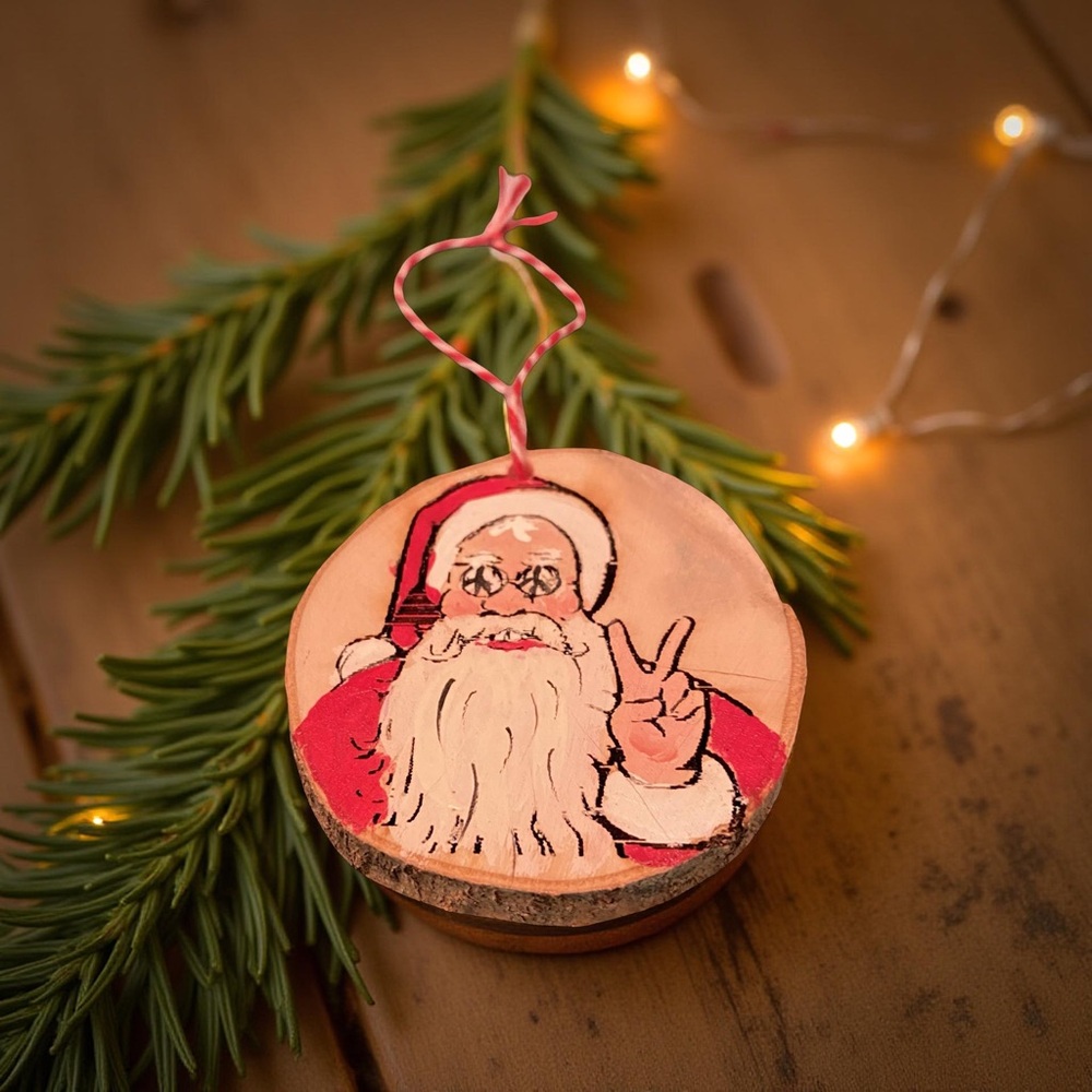 Jolly Santa Peace Sign Ornament - Red and White